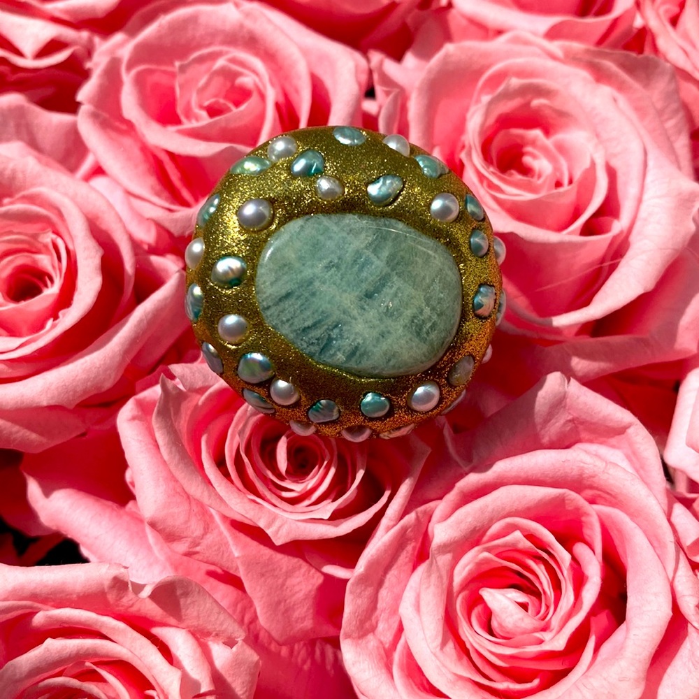 Designer Ring- resin, natural pearl, raw stone, statement rind